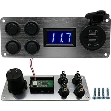 Panneau de commande universel 12-24 V avec double port USB et LED, intégrant un voltmètre, pour voiture, bateau, camping-car, fourgonnette, véhicule nautique, camion, camping-car et yacht. (1/2)