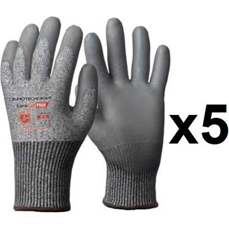 5 paires de gants anticoupures HPPE enduction polyuréthane P500 Eurotechnique - Taille: 7