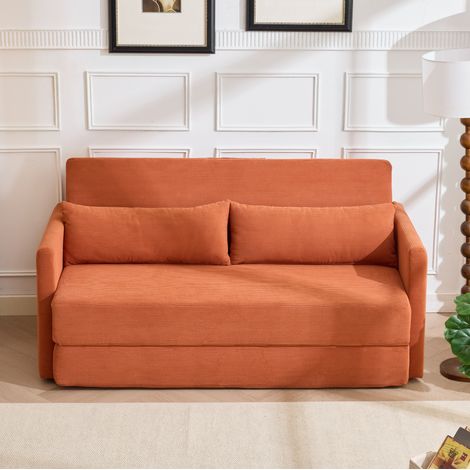 Schlafsofa 165 cm in Orange aus Cord, 2-Sitzer Klappsofa 2 in 1 mit 2 Lendenkissen und Seitentaschen (1/5)