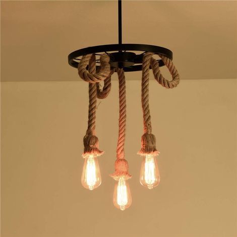 GENERIC-Lustre Suspension en Corde de Chanvre, E27 Lampe Suspension Luminaire Industrielle Creative DIY Plafonnier pour Salle à Manger Salon Café Restaurant, 3 lampes (1/5)