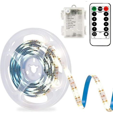 Bande LED de 3 m fonctionnant sur piles avec télécommande, 90 LED, étanche, 8 modes, intensité réglable, sécable (blanc froid)