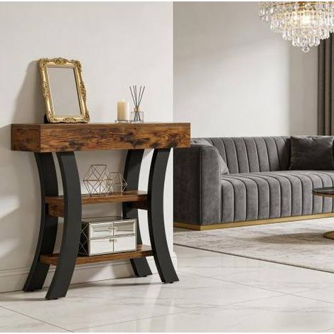 Mesa consola 105x30x80 cm negra y marrón rústico, 3 niveles, MDF y metal MEUBLIV (1/5)
