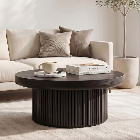 Table basse ronde cannelée 78 cm, plateau motif parquet bois, base cylindrique noire, REDOM (1/5)