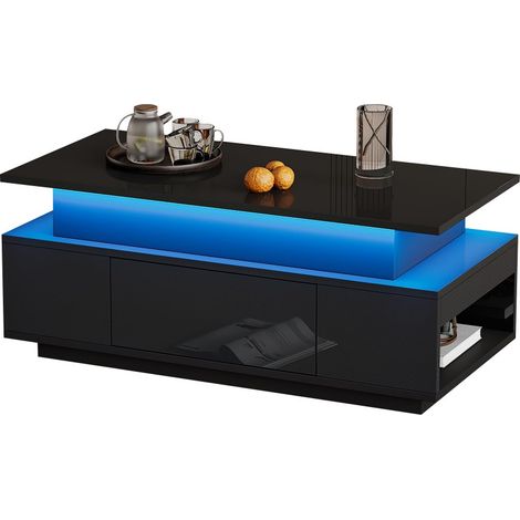 Table basse relevable-avec rangement et tiroir-Tableau LED-laque brillant-noire-96x45x40cm (1/5)