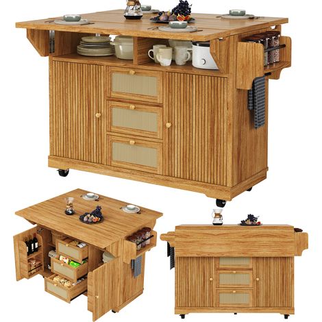 Îlot Central Cuisine Extensible,Desserte cuisine pliable 142,5x40-80x95 cm Avec 3 tiroirs et Portes,Rotin PE,Noyer (1/5)