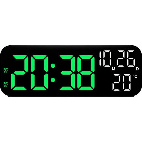 Réveil LED 23 cm (9 pouces), multifonctionnel avec thermomètre et calendrier perpétuel, design moderne et épuré, boîtier noir, éclairage vert. (1/5)