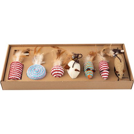 Lot de 7 jouets pour chat avec souris simulée et plumes artificielles - Canne à teaser interactive pour chaton - Accessoire ludique pour animaux de compagnie (1/5)