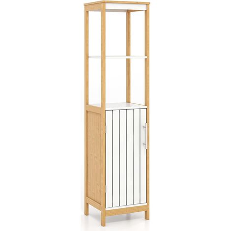 COSTWAY Badezimmerschrank schmal, Bad Hochschrank 30cm breit mit Lamellentür und verstellbarem Regal, Badschrank Bambus für Badezimmer, Wohnzimmer (1/5)