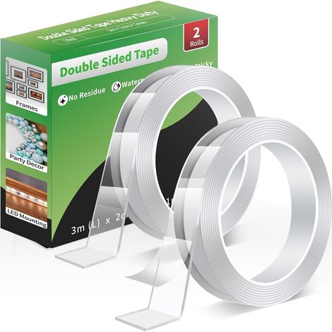 Ruban Adhésif Double Face Extra Fort, Nano Transparentes Ruban Adhésif, Amovible, Sans Traces, Lavable, pour Affiche/Suspension Murale/Tapis, 2 Rouleaux (3,0 m × 2,0 cm × 1 mm) (1/5)