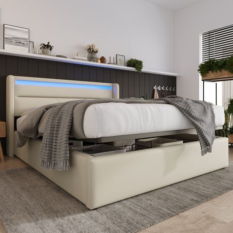 Cama con espacio de almacenamiento PU blanca 160x200 cm con LED en cabecero, somier de láminas y apertura hidráulica (1/5)