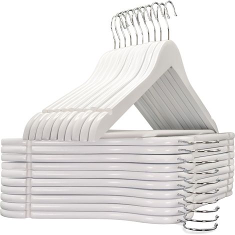 Cintres Bois, Lot de 20, Barre Antiglisse pour Pantalons, avec Encoches Antiglisse, Crochet Pivotant 360°, pour Costumes, Chemises, Manteaux (Blanc, 20 unités) (1/5)