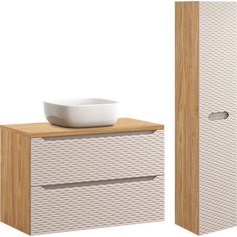 Ensemble meuble simple vasque 90cm et colonne Elora Beige et bois (1/5)