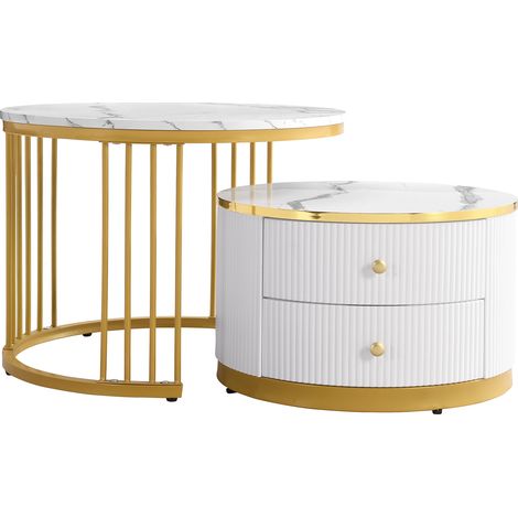 Lot de 2 tables basses gigognes blanches élégantes, 60x60x45,5 cm & 50x50x32 cm, tables rondes effet marbre brillant, 2 tiroirs, charge max 30 kg, set de tables gigognes (1/5)