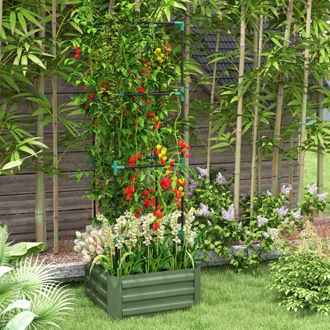 Pflanzkasten mit verstellbarem Rankgitter, Blumenkasten mit Tomatenkäfig, verzinkter Stahl, 61 x 61 x 187 cm, grün