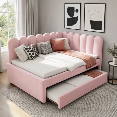 Letto divano 140x200 cm in velluto rosa, estraibile per soggiorno, senza materasso - FLORAGRACE (1/5)