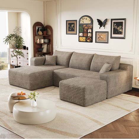 Canapé d'angle 241 cm en velours côtelé, assise profonde, 1 poufs, design moderne, sans montage-camel, méridienne droite (1/5)