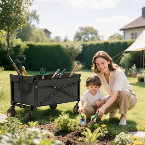 Faltbarer Gartenwagen (80 l) mit verstellbarem Griff, Metall und Oxford-Gewebe, 78 x 47,5 x 92 cm, Schwarz