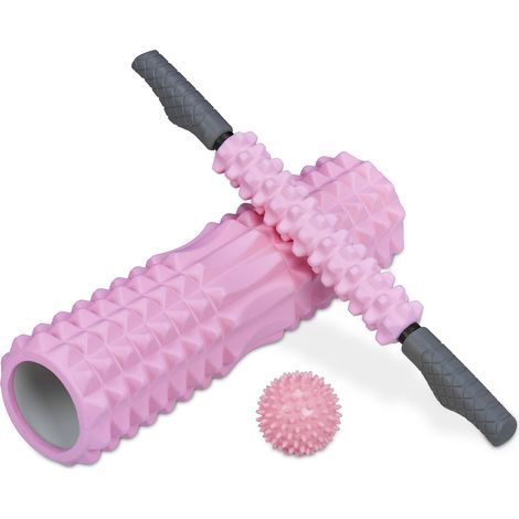 Relaxdays Lot de 3 rouleaux massage des fascias, cylindre, stick et picot, résistance moyenne, dos, nuque, jambes, rose