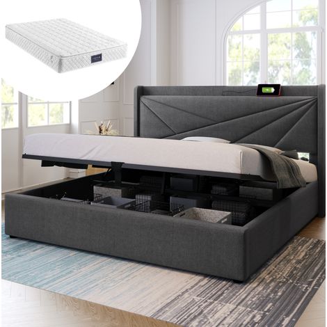 CHICFURN Cama doble con canapé 140x200 cm gris de tela con USB y Tipo C, sin colchón (1/5)
