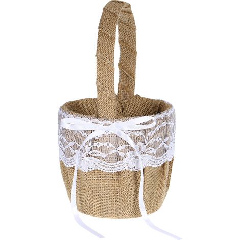 Panier de demoiselle d'honneur vintage en toile de jute et dentelle avec nœud papillon (1/5)