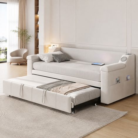Sofá cama extensible 90/180x190 cm, Bluetooth y USB, beige, terciopelo, con somier FloraGrace (1/5)