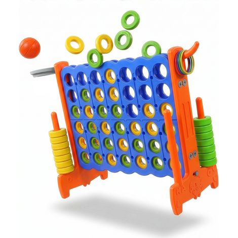 Relaxdays Vier Gewinnt XXL, extérieur, 3in1, enfants, adultes, HxLxP 88x121x44 cm, jeu de basket, anneaux, bleu/orange (1/5)