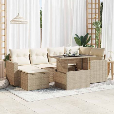 Set sofás de jardín 7 piezas y cojines ratán sintético beige (1/5)