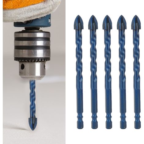 Lot de 5 forets de 10 mm pour verre, forets en céramique titane, forets en croix pour carrelage et béton, bleu foncé. (1/5)