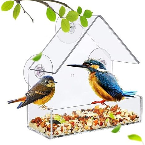 Mangeoire à oiseaux pour fenêtre - Amovible - Ventouse coulissante transparente - See-Through Feeder - Graines - Noix - Maison - Mont Jardin (triangles)