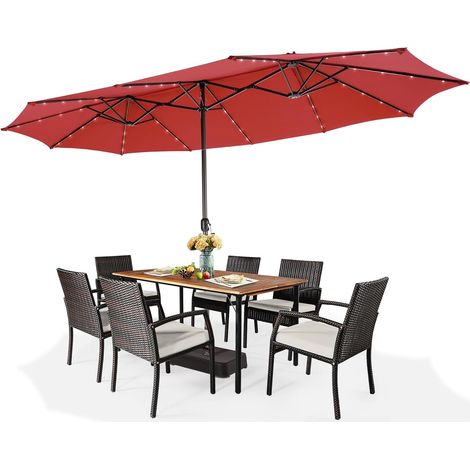 GOPLUS Parasol Rectangulaire 470x280cm, Grand Parasol de Jardin Extérieur, Parasol Double LED avec Pied, Bordeaux (1/5)