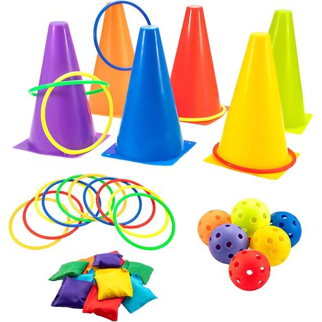 M.J COMFY-LIFE 4 in 1 Carnival Games Set with Cones, Balls, Rings & Bean Bags - 34 Pcs Party Toss Games for Kids, Outdoor Indoor Birthday Party Supplies, Family Garden Festival Games (1/5)