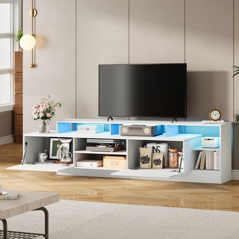 MODFU - Meuble TV 190×40×48,5 cm pour TV jusqu'à 70 pouces, 2 portes abattantes, panneaux de particules, blanc, LED (1/5)