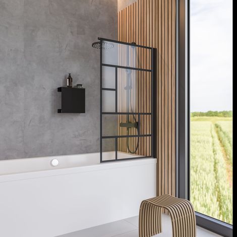 Schulte Duschwand für Badewanne 80x140 cm – 1-teilig schwenkbar, schwarzes Profil, 5 mm Sicherheitsglas mit Dekor Atelier 1