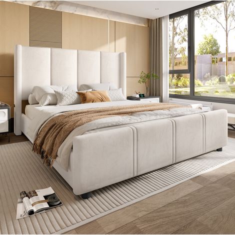 Lit 140x200 cm en velours beige avec tête haute HAVRYA (1/5)