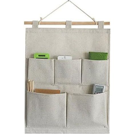 Hängender Aufbewahrungstaschen-Organizer aus Leinen/Baumwollgewebe mit 5 Wandtaschen, 13,8 cm B x 17,7 cm H (5 Taschen - beige/weiß) (1/4)