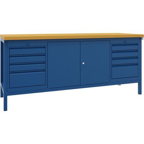 Pavoy Werkbank, 2000x700x900 mm, 2 Schubladenblöcke, 1 Schrank, RAL 5010 (1/2)