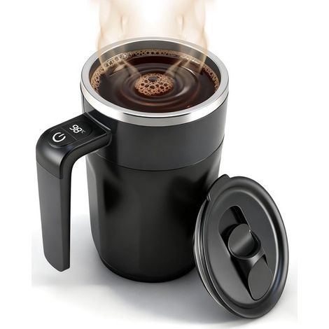 Taza de café con indicador de temperatura y función de autoagitación, recargable, con tapa, apta para café, leche y otras bebidas, color negro (1/5)