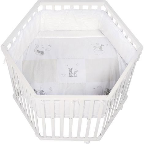 Parc hexagonal - ROBA - FOX & BUNNY - De la naissance jusqu'a 15 kg - Réglable - Roulettes - Blanc laqué (1/5)