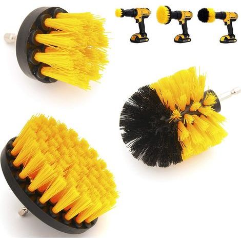 Set of 3 Drill Brushes, High-Resistance Plastic, Yellow, for Bathroom, Kitchen, Car (1/4)