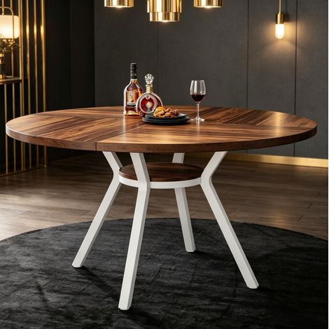 Table à manger ronde Ø 120 cm pour 4 à 6 personnes avec étagère, bois et métal, marron/blanc HAVRYA (1/5)
