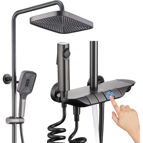 Duschsäulen mit Thermostat Duschsystem Wandmontiert Duschset Höhenverstellbar Dusche Regendusche Set Duschgarnitur Komplettset mit Regendusche, Handbrause, Bidet Spray, Dunkelgrau (1/5)
