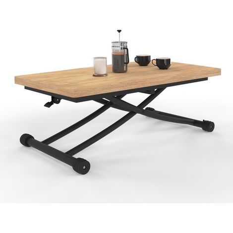 Idmarket – Table basse relevable 100 cm – Bois MDF et métal noir – Transformable en table à manger – Dimensions 100 x 114 cm – Roulettes avec freins