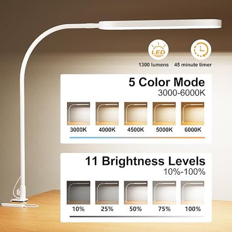 Lampe de Bureau - Desk Lamp 1300LM avec Col de Cygne Flexible 360° - 5 Modes de Couleur X 11 Niveaux de Luminosité - Fonction Minuterie et Mémoire - Lampe Bureau 12W - Blanc (1/4)