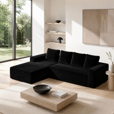 Sofá esquinero modular negro de tela peluche con chaise longue para espacios pequeños - CHICFURN (1/5)