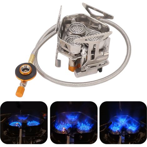 Hornilla de gas para camping con encendido electrónico, resistente al viento, plegable, mini, portátil, retráctil, de acero inoxidable y cobre, con parrilla de aluminio con revestimiento antiadherente (1/5)