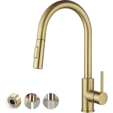 Robinet mitigeur extractible pour évier de cuisine Or brossé - Bec pivotant à grand arc - robinet de lavabo monotrou avec tuyau d'arrivée d'eau G3/8 (1/5)