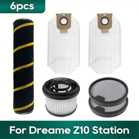 Lot de 6 pièces de rechange pour aspirateur robot Dreame Z10 Station : filtre HEPA, brosse rotative et sac à poussière.