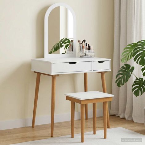 Coiffeuse avec miroir et tabouret 3 pièces blanc, 76 x 50 x 143 cm - PANGIVO (1/5)