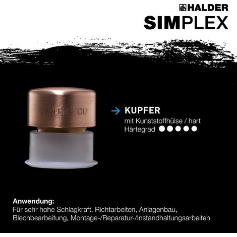 HALDER SIMPLEX Schonhammer Ø 40 mm Kupfer / Superplastik mit verstärktem Tempergussgehäuse und Fiberglasstiel