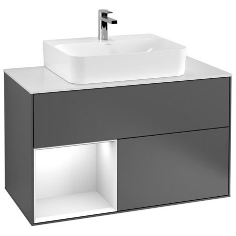 Finion, Meubles sous lavabo, 1000 x 603 x 501 mm, Angulaire,avec meuble étagère (éclairé), modèle suspendu, En bois, lavabo au milieu, éclairage LED, 1x LED / 2,3W, 2700 K à 6480 K, Glossy White Lacqu